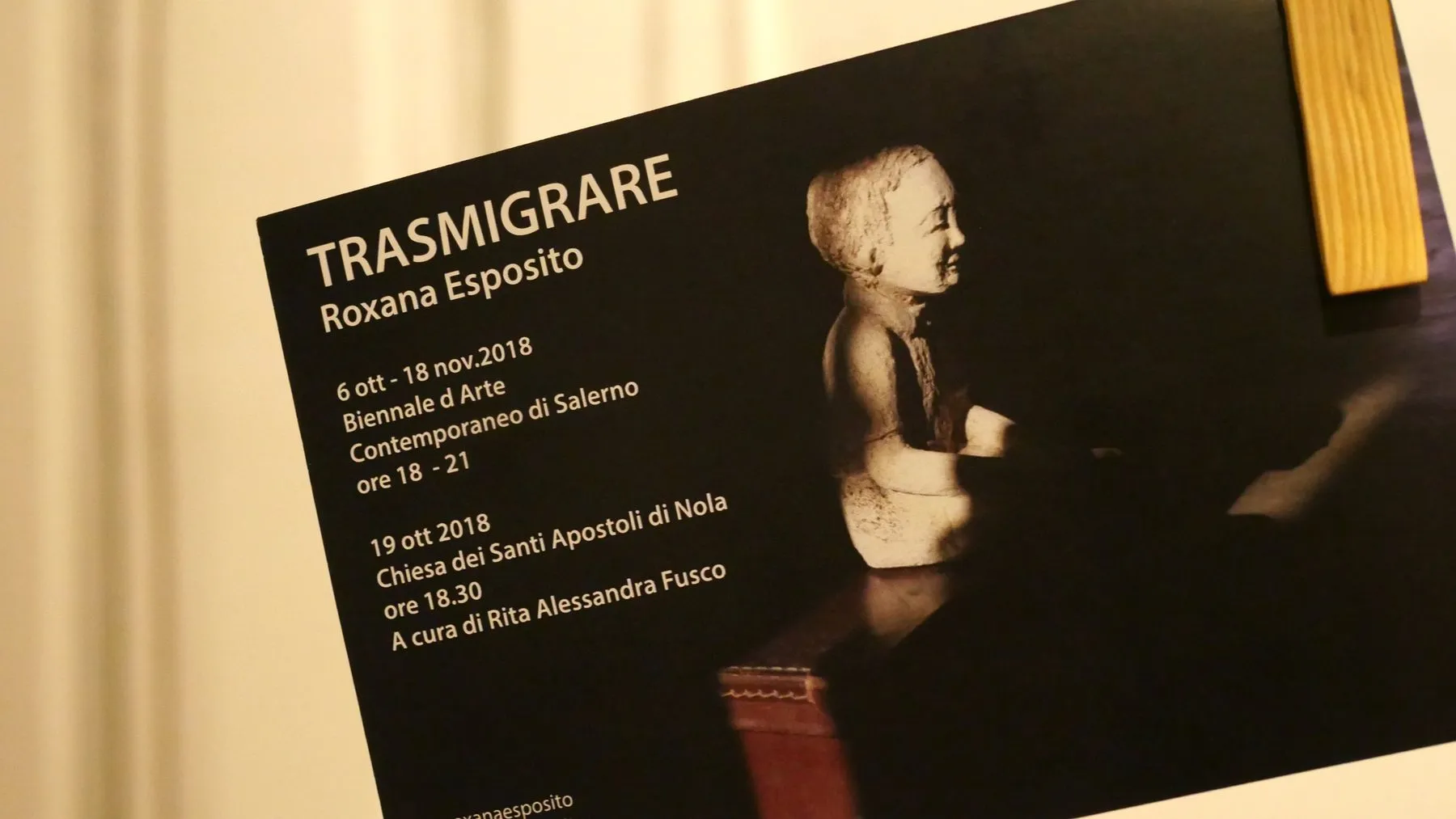 Postcard of the Trasmigrare exhibition with dates and venues